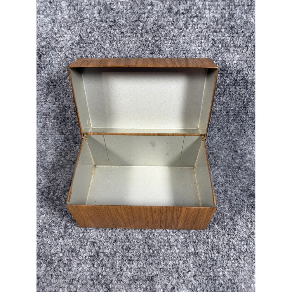 Vintage Faux Wood Grain Metal Hinged Storage Box Mid Century Recipe Tin Brown